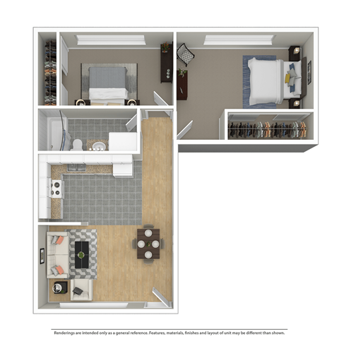 Floor plan for 2 beds, 1 bath, 761 sqft
